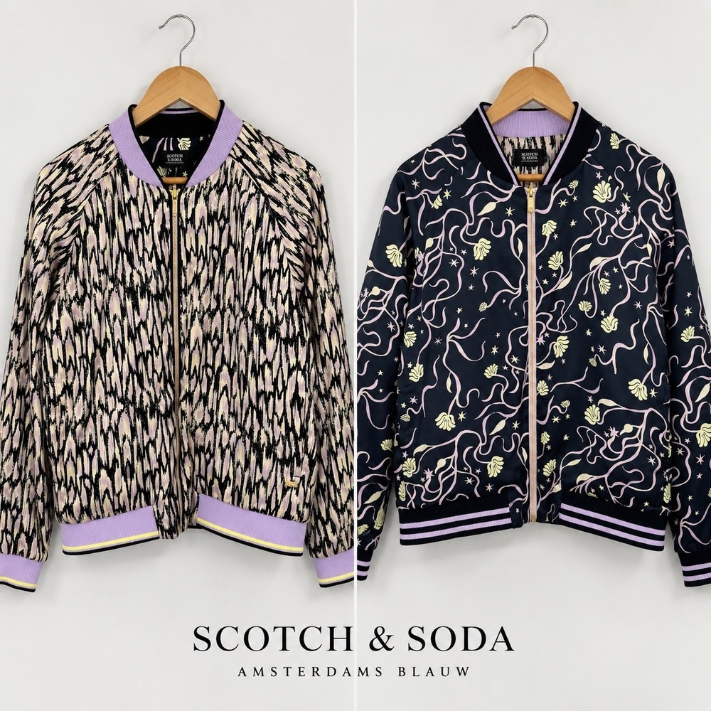 Scotch & Soda Reversible Bomber Jacket Womens XL Navy Lavender Ikat Star
